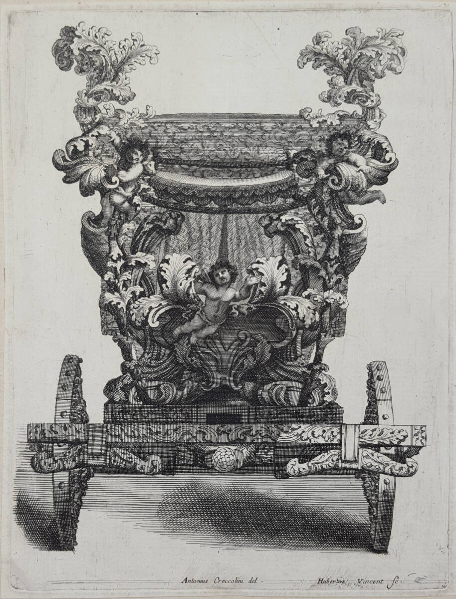 Karosse aus dem Fuhrpark des Fürsten Anton Florian von Liechtenstein als kaiserlicher Botschafter in Rom: Frontansicht, GiovanniAntonioCrecolini, 1694
