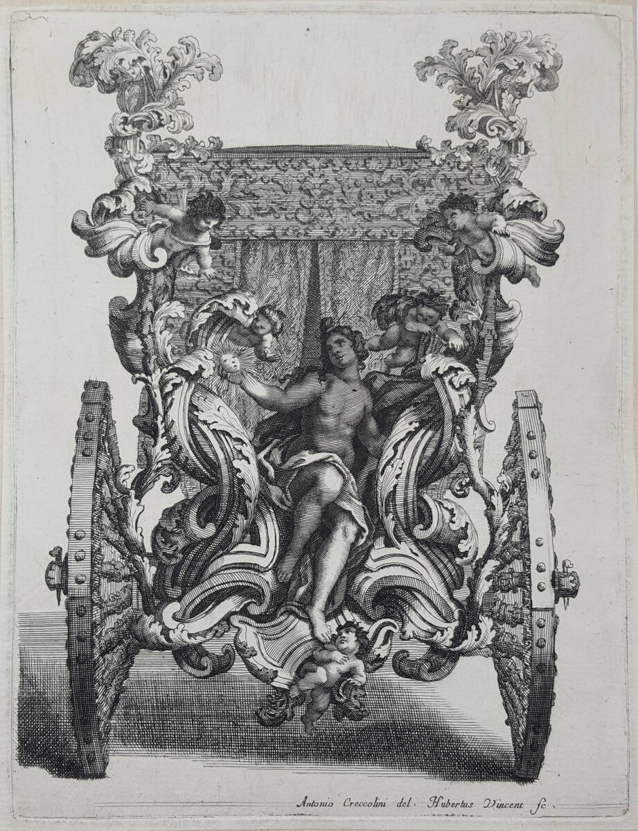 Karosse aus dem Fuhrpark des Fürsten Anton Florian von Liechtenstein als kaiserlicher Botschafter in Rom: Heckansicht, GiovanniAntonioCrecolini, 1694