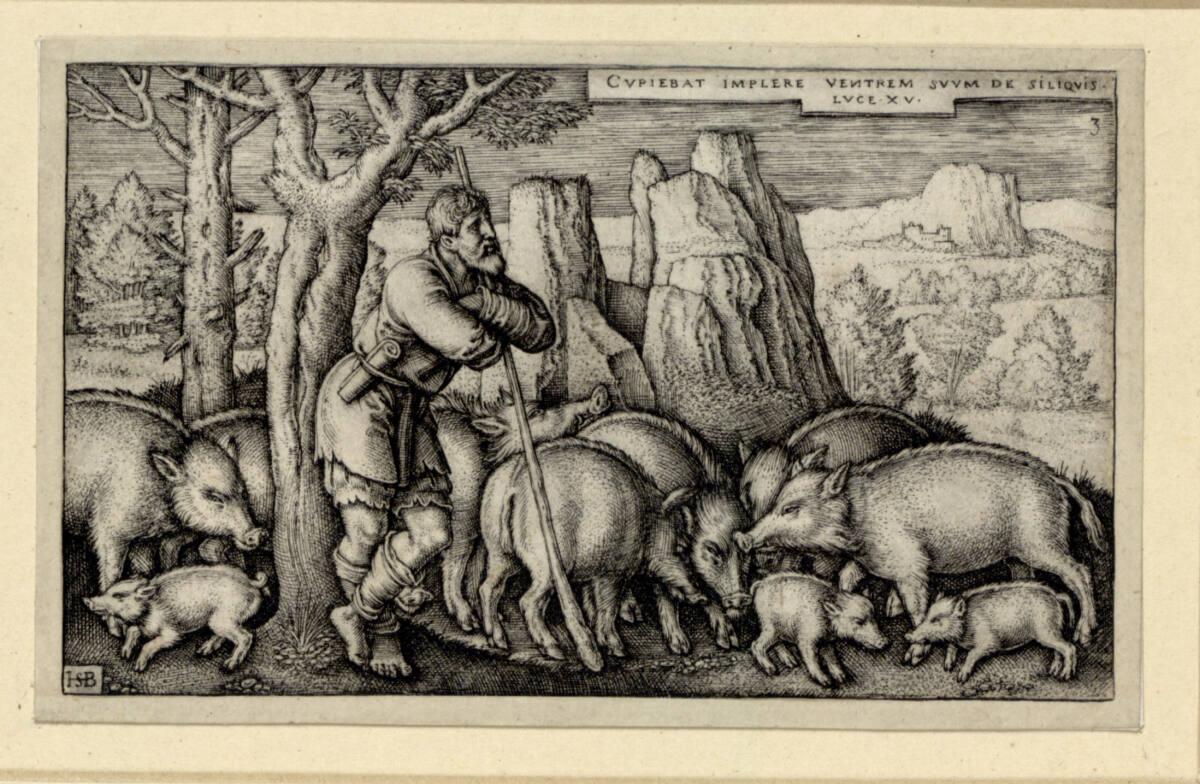 Sebald Beham, Der verlorene Sohn hütet die Schweine, Inv. Nr.: DG1930/900