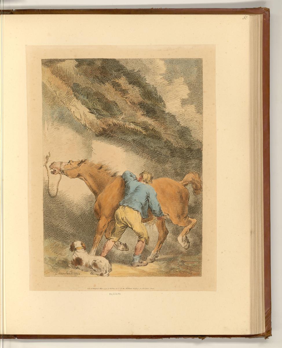 Druckgrafiken nach George Morland, Mann beim Striegeln eines Pferdes, Inv. Nr.: England nach Se…