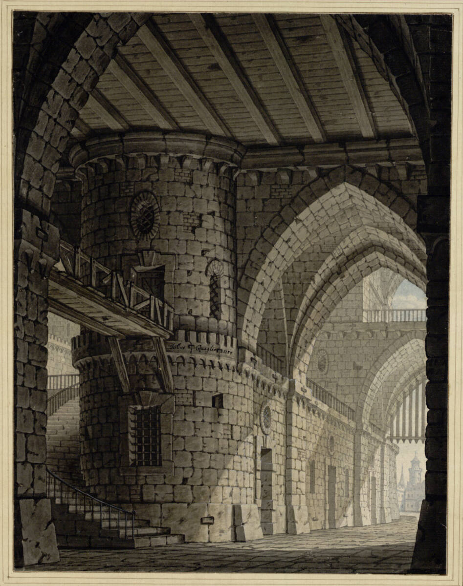 Gefängnishof. (Links führt eine Stiege mit Eisengeländer in den ersten Stock), GiulioQuaglio