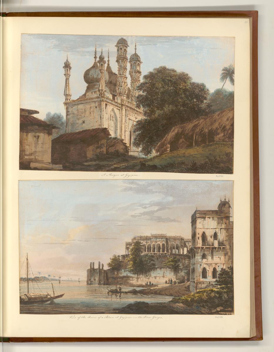 Britische Aquatinta um 1800 mit Ansichten von Indien und Sri Lanka, A Mosque at Gazipoor; View …
