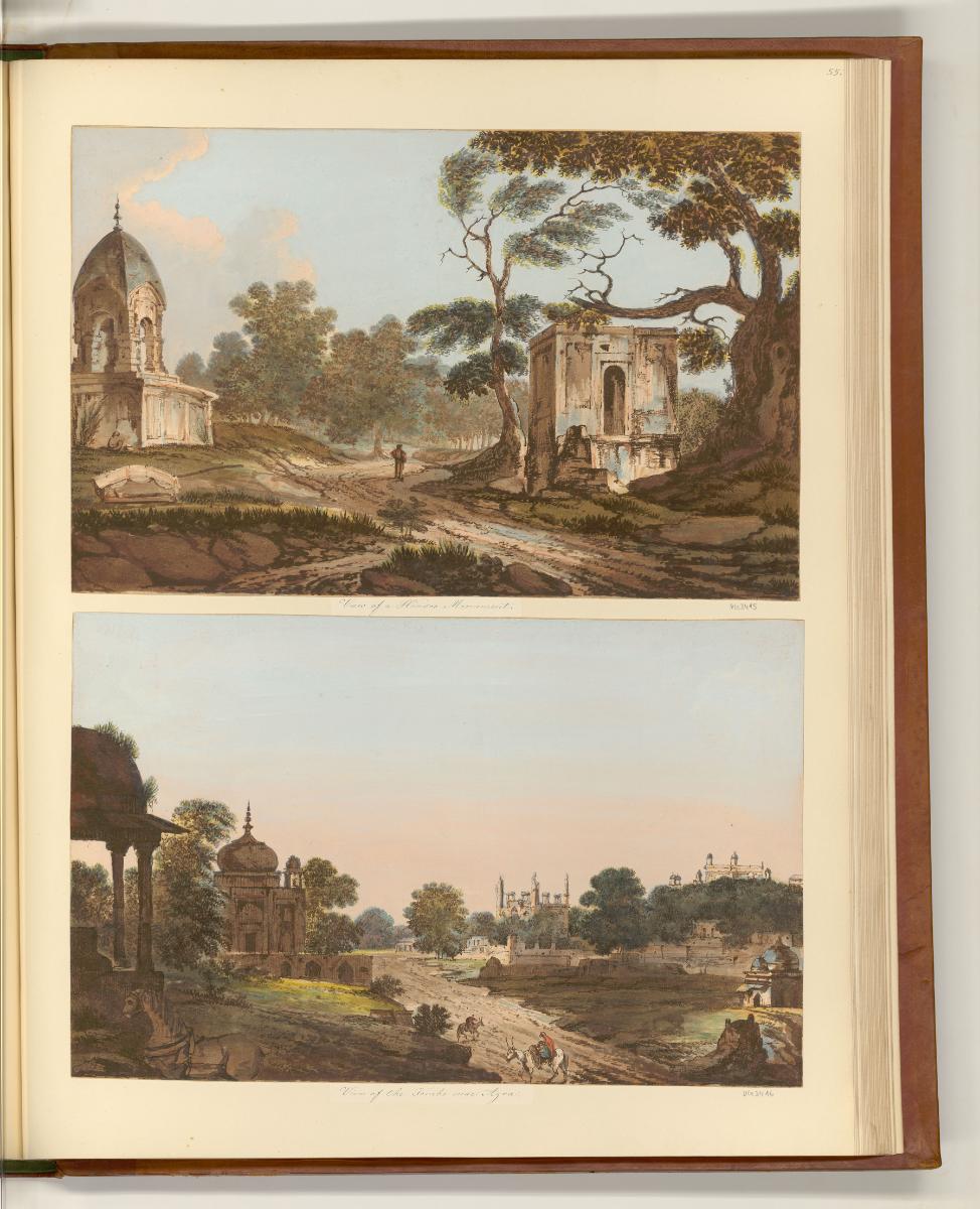 Britische Aquatinta um 1800 mit Ansichten von Indien und Sri Lanka, View of a Hindoo Monument; …