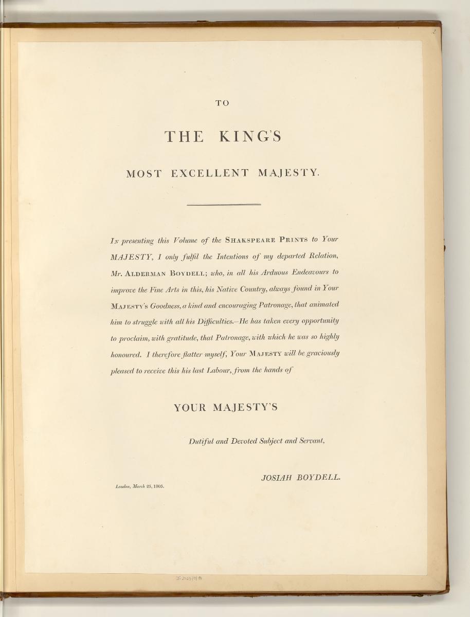 Boydell's Shakespeare Gallerie, Vol. I., Widmung, Inv. Nr.: England nach Sektionen II/38, E/II/…