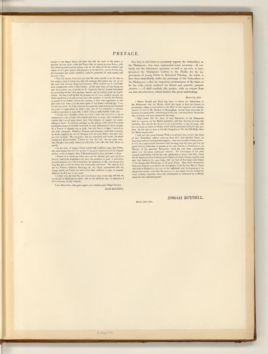 Boydell's Shakespeare Gallerie, Vol. I., Preface, Inv. Nr.: England nach Sektionen II/38, E/II/…