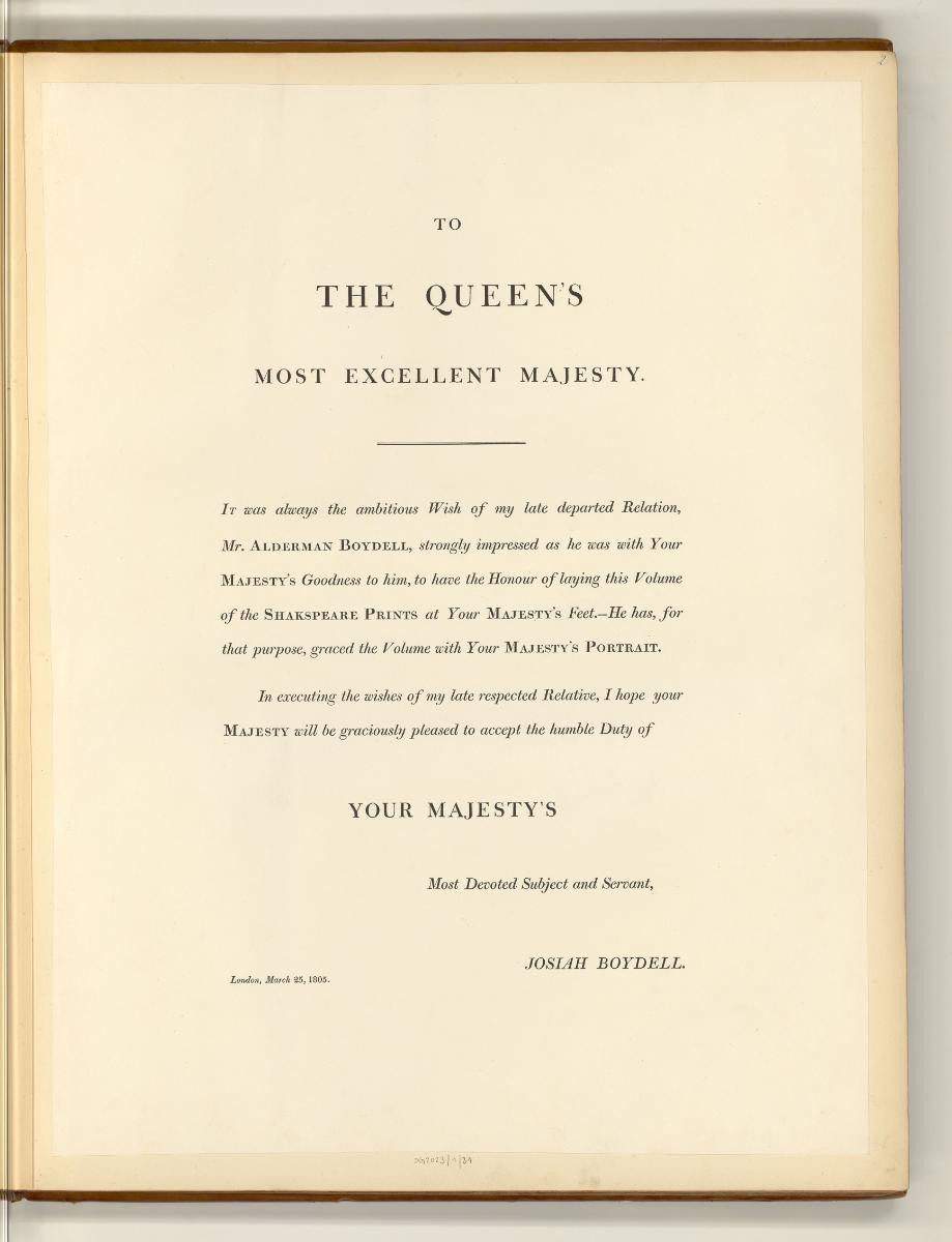 Boydell's Shakespeare Gallerie, Vol. II., Widmung, Inv. Nr.: England nach Sektionen II/39, E/II…