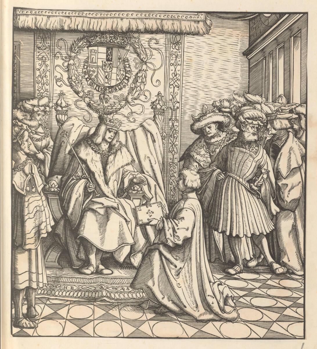 Hans Burgkmair d. Ä., Weißkunig: Die Überreichung des Buchs, Inv. Nr.: DG2012/129/1