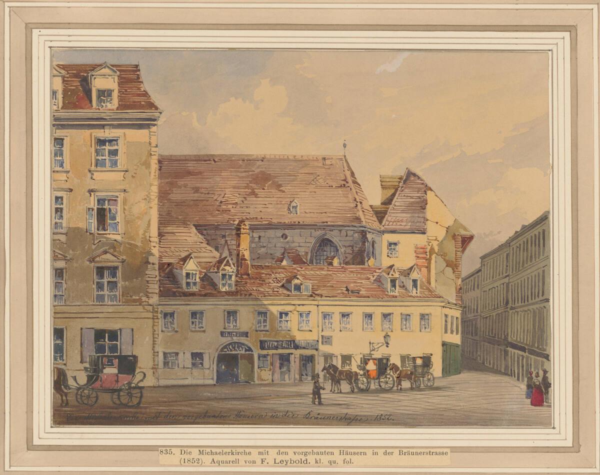 Moritz Leybold, Chor der Michaelerkirche mit den vorgebauten Häusern in der Bräunerstrasse, Inv…