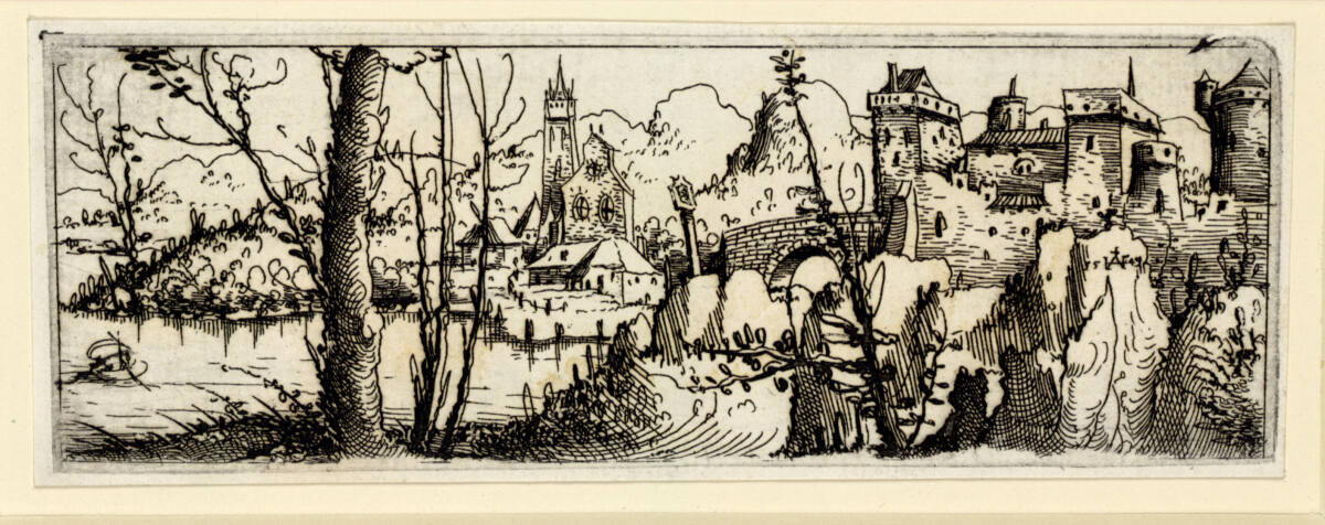 Flusslandschaft mit einer von Felsen umgebenen Burg, Augustin Hirschvogel