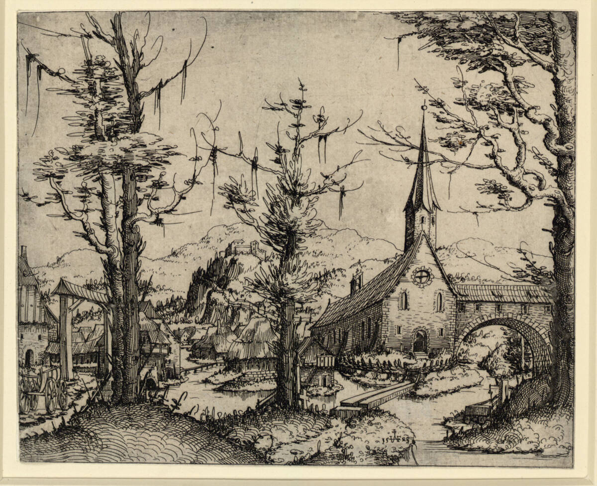 Landschaft mit drei Bäumen im Vordergrund, Augustin Hirschvogel