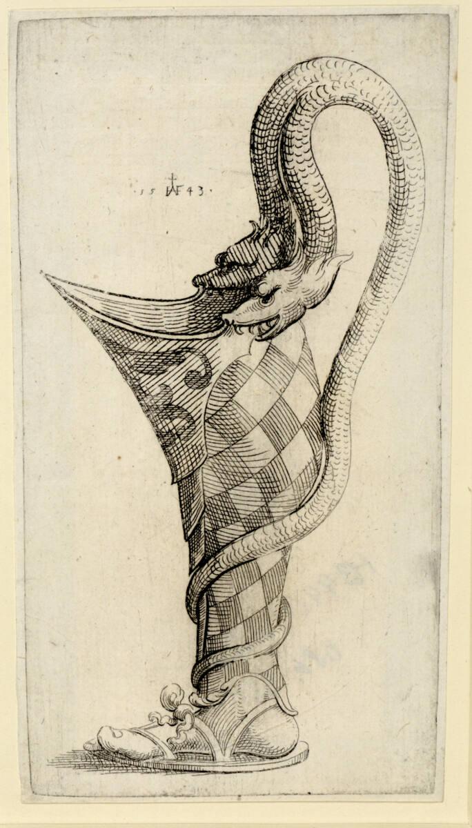 Augustin Hirschvogel, Kanne, ein menschliches Bein darstellend, Inv. Nr.: DG1930/2170