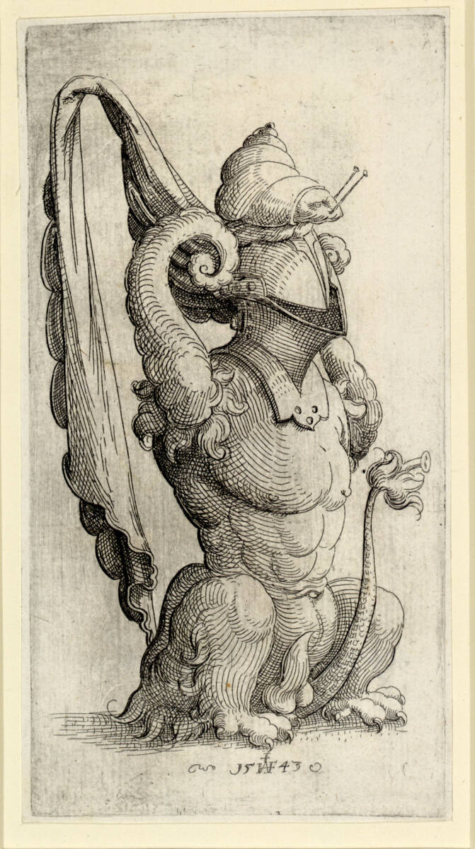 Kanne, einen sitzenden Männerkörper mit Löwentatzen und Löwenschweif darstellend, Augustin Hirschvogel, 1543