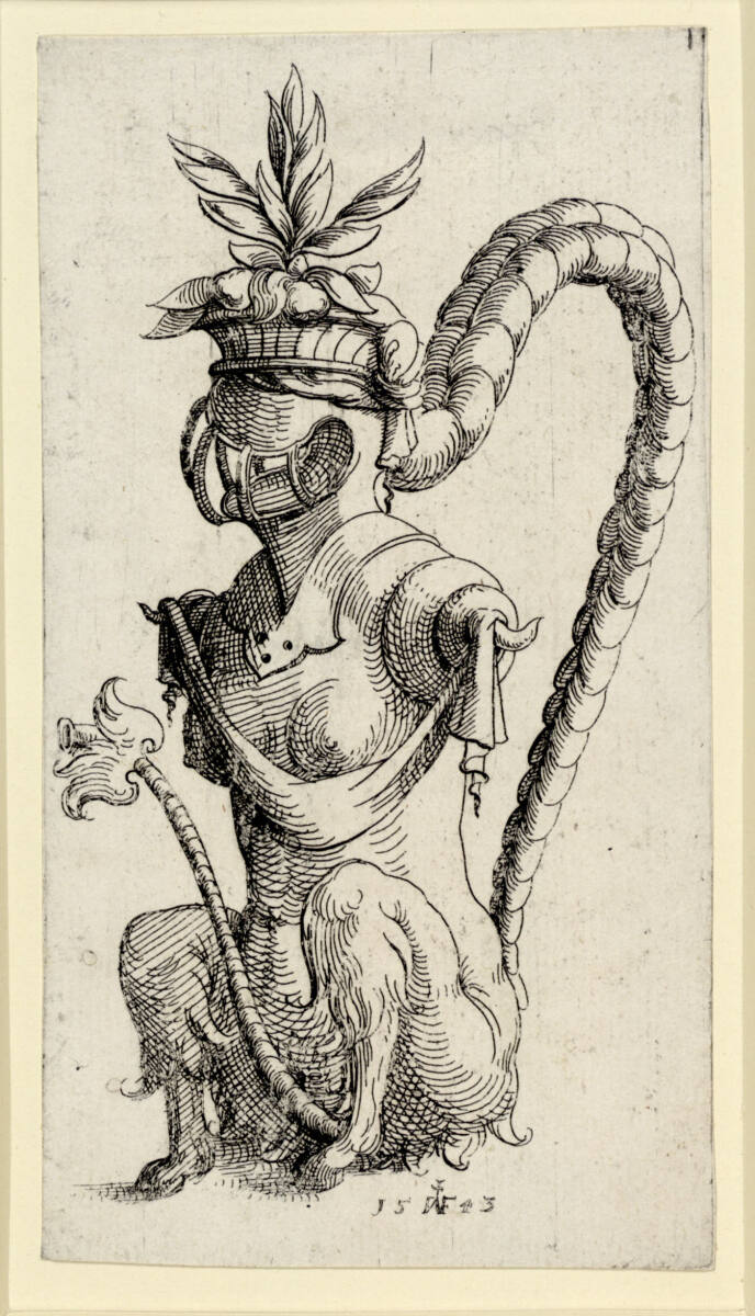Kanne, einen sitzenden Frauenkörper mit Bocksbeinen und Löwenschweif darstellend, Augustin Hirschvogel, 1543