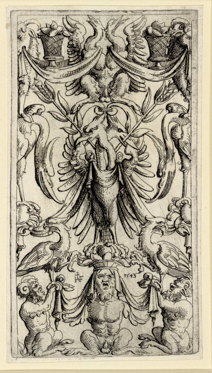 Zierleiste mit drei kauernden Satyrn unten, Augustin Hirschvogel, 1543