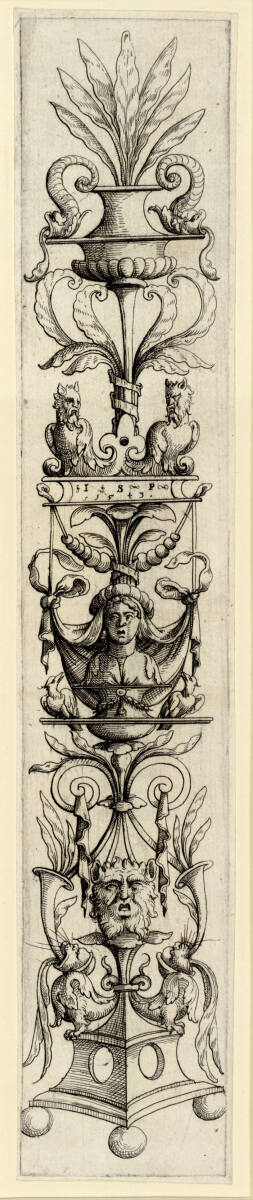 Zierleiste in Form eines mit Blättern geschmückten Ständers mit Widmung an Jacob Seisenegger, Augustin Hirschvogel, 1543