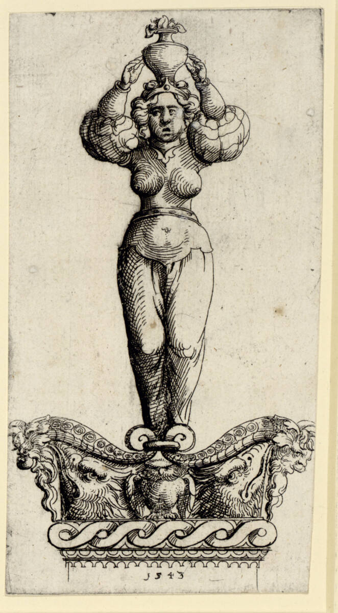 Degenknauf mit einer weiblichen Gestalt, Augustin Hirschvogel, 1543