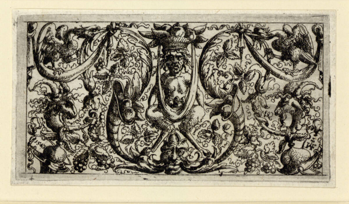 Zierleiste mit einem auf zwei Füllhörnern in der Mitte stehenden Satyr, Augustin Hirschvogel, 1543