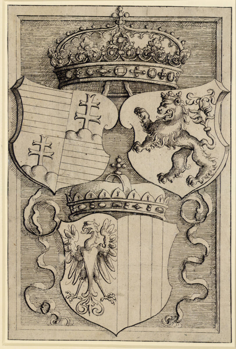 Die Wappen von Österreich, Böhmen und Ungarn, darüber die Königskrone, Augustin Hirschvogel