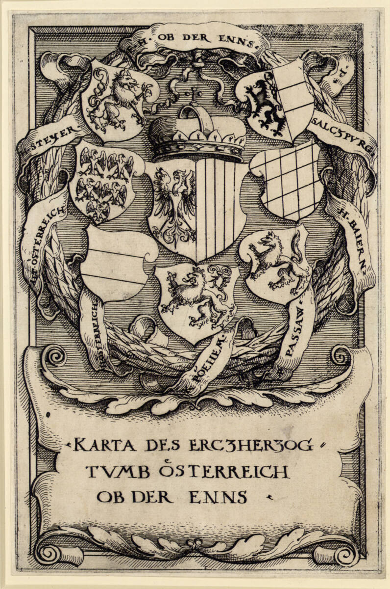 Das Wappen von Österreich umgeben von den Wappen von Alt- und Neuösterreich, Steiermark, Salzburg, Bayern, Passau und Böhmen, Augustin Hirschvogel
