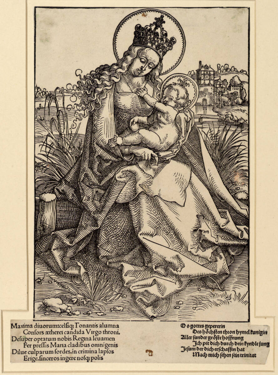 Maria mit dem Kind auf der Rasenbank, mit Text, Hans Baldung Grien