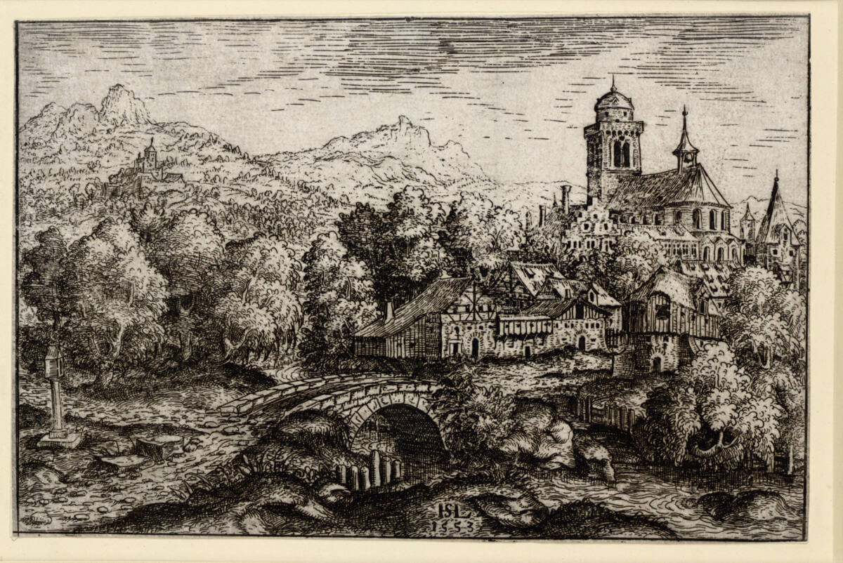 Berglandschaft mit einem Dorf im Mittelgrund, Hans Sebald Lautensack, 1553