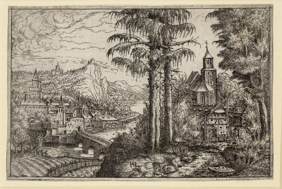 Zwei Föhren mit einer Kirche am diesseitigen und einer Stadt am jenseitigen Ufer, Hans Sebald Lautensack, 1553
