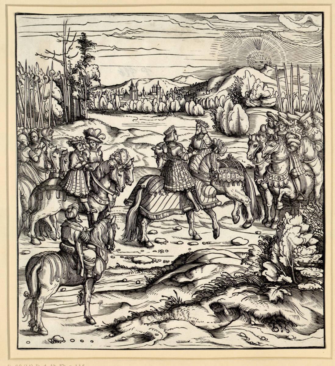 Weißkunig: Der alte Weißkunig und der König von Feuereisen treffen einander zu Pferd, Inv. Nr.:…