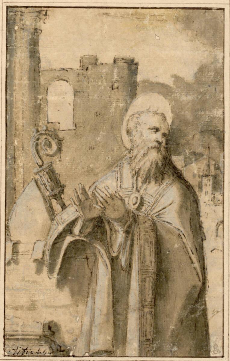 Giovanni Battista Benvenuti gen. l'Ortolano, Ein heiliger Bischof in Vorderansicht nach rechts …