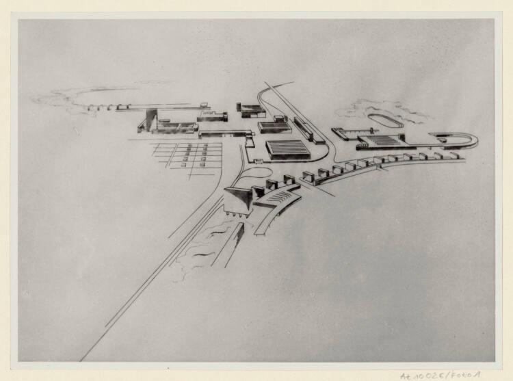 Lois Welzenbacher, Halle an der Saale, Flugzeugwerke Siebel, Gesamtanlage, Vogelschau, aus Publ…