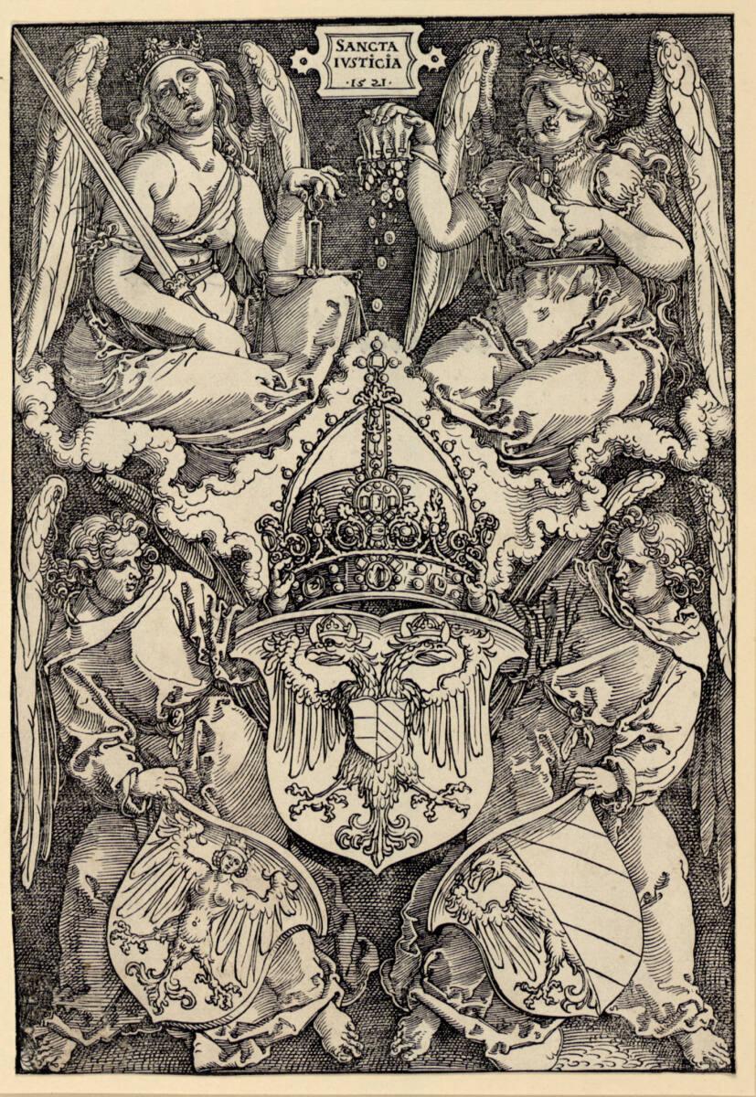 Allegorie mit den Wappen des Reiches und der Stadt Nürnberg (Holzschnitt zu Reformacion der Stat Nüremberg, Nürnberg 1521, fol. AA1v), Albrecht Dürer, 1521