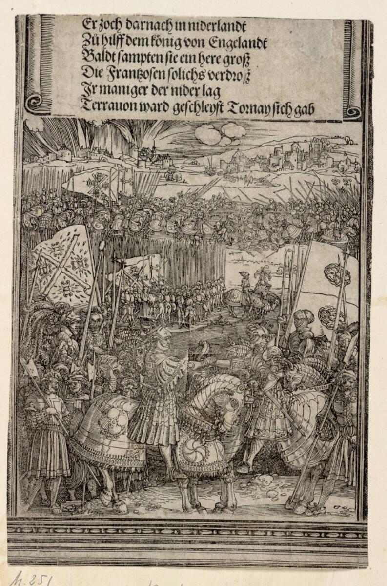 Feldzug in Flandern und Bündnis mit Heinrich VIII. 1513 (Die Ehrenpforte Kaiser Maximilians I., Historiendarstellungen, B', C' 2.10), Albrecht Dürer, 1515