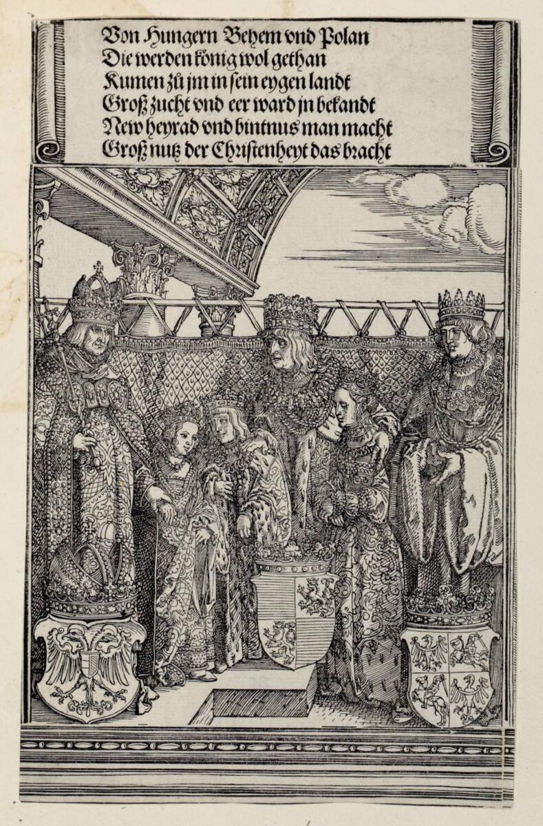 Die Wiener Doppelhochzeit 1515: Kaiser Maximilian I., seine Enkelin Maria, König Vladislav II. von Ungarn mit seinen Kindern Ludwig II. und Anna sowie König Sigismund I. von Polen (Die Ehrenpforte Kaiser Maximilians I., Historiendarstellungen, C' 2.11), Albrecht Dürer, 1515