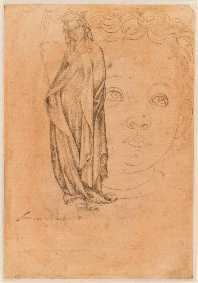Antonio Pisano, gen. Pisanello, Studienblatt. Gekrönte Märtyrerin mit Palme und Buch, Kinderkop…