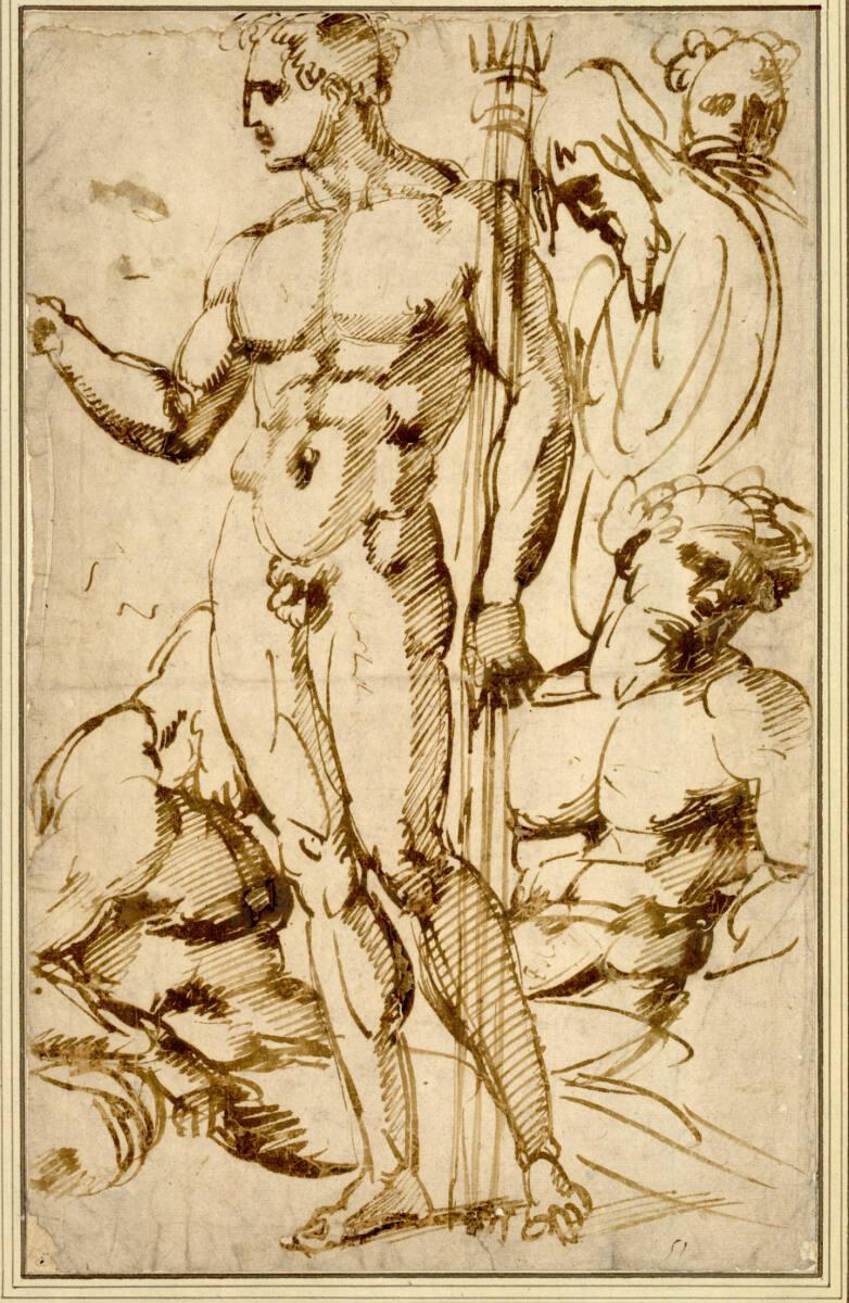 Baccio Bandinelli, Studienblatt. (Stehender Männerakt nach links, im linken Arm einen Dreizack;…