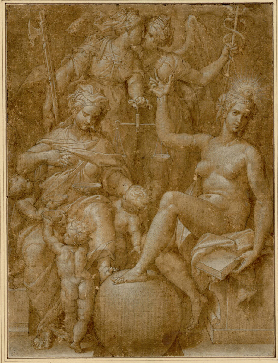 Allegorie der Tugenden. (Psalm 84, 11) (Hermes kündet mit dem Kerykeion sowohl Krieg als Frieden. Vorne Caritas nutrix und Wahrheit (mit Sonnenscheibe), hinten links Gerechtigkeit und rechts Friede (mit Kerykeion als Hermes-Attribut)), Orazio Samacchini