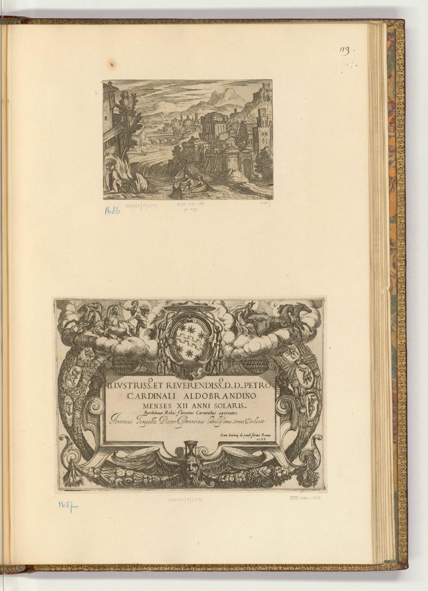 Druckgrafiken von und nach Antonio Tempesta, Band III., Landschaft mit befestigter Stadt; Titel…