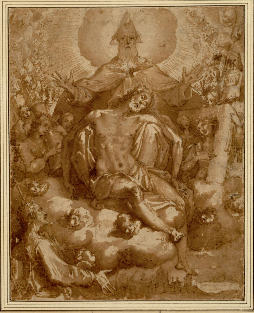 Die heilige Dreifaltigkeit auf Wolken, umgeben von Engeln mit Marterwerkzeugen; links unten Halbfigur eines anbetenden Pilgers nach rechts; unter den Wolken rechts unten eine Stadt, Federico Zuccari