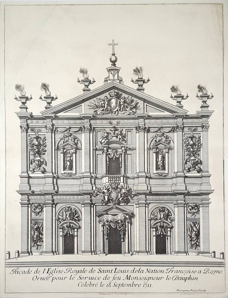 Frontfassade der Kirche San Luigi dei Francesi in Rom mit Trauerdekoration für den verstorbenen Dauphin Ludwig von Frankreich am 18. September 1711, GirolamoFrezza, 1713