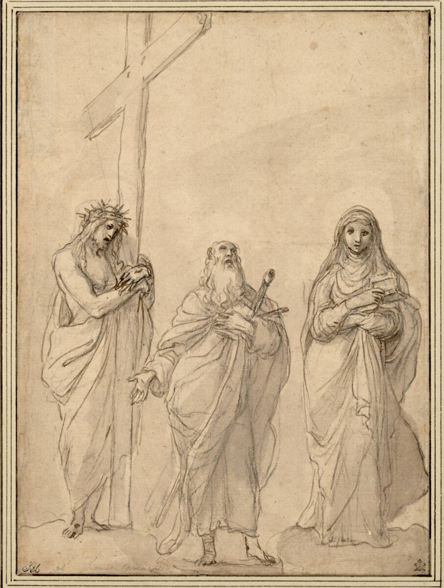 Studienblatt für drei stehende Figuren. Christus mit dem Kreuz, der heilige Paulus und die heilige Klara (?), Ludovico Carracci
