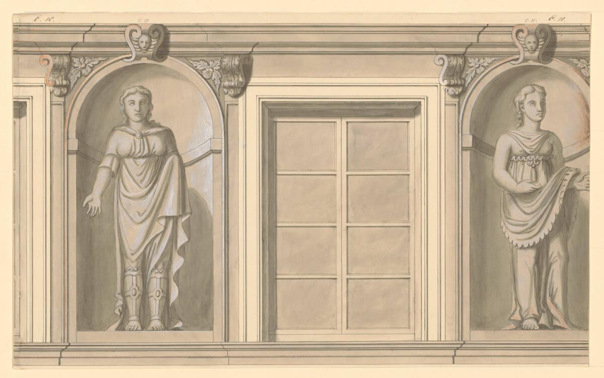 Amras, Schloss Ambras, Hoffassade, Kopie der Grisaillemalerei, weibliche Nischenfiguren, Teil C…