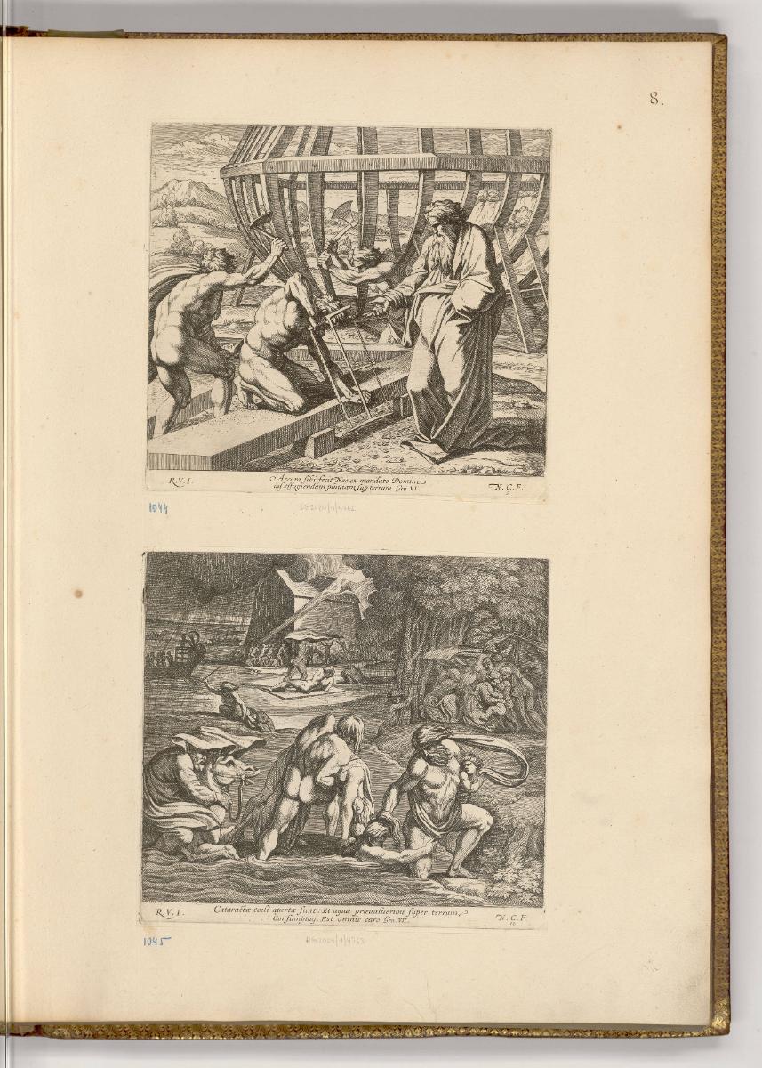 Druckgrafiken nach Raffael, Band IV., Noah baut die Arche; Die weltumspannende Sintflut, Inv. N…