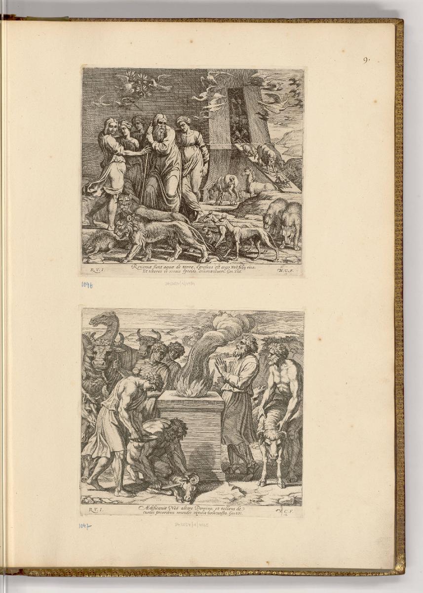 Druckgrafiken nach Raffael, Band IV., Noah kommt nach der Sintflut aus der Arche; Noah opfert d…