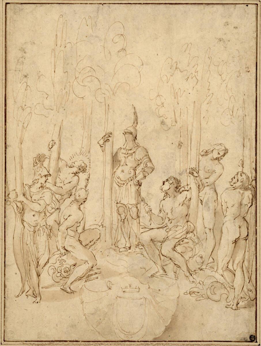 Ludovico Carracci, Wappenthese. (Über dem Wappen der Herzöge von Mantua steht Ferdinando Gonzag…
