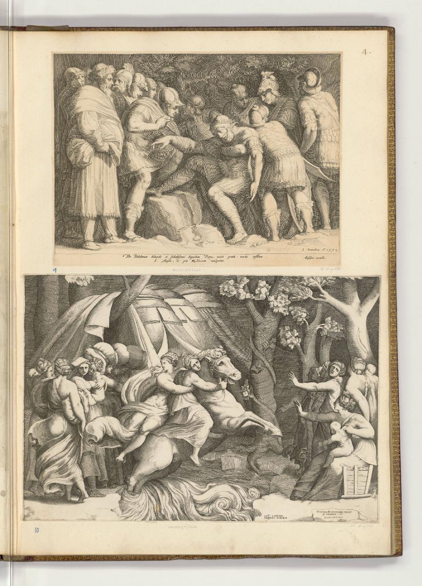 Druckgrafiken nach Polidoro da Caravaggio und Perino del Vaga, Verwundeter Scipio; Flucht der C…