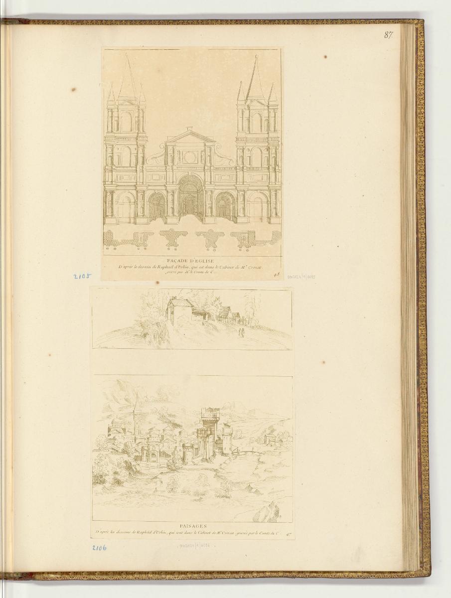 Druckgrafiken nach Raffael, Band VII., Fassade einer Kirche; Landschaft mit befestigter Stadt, …