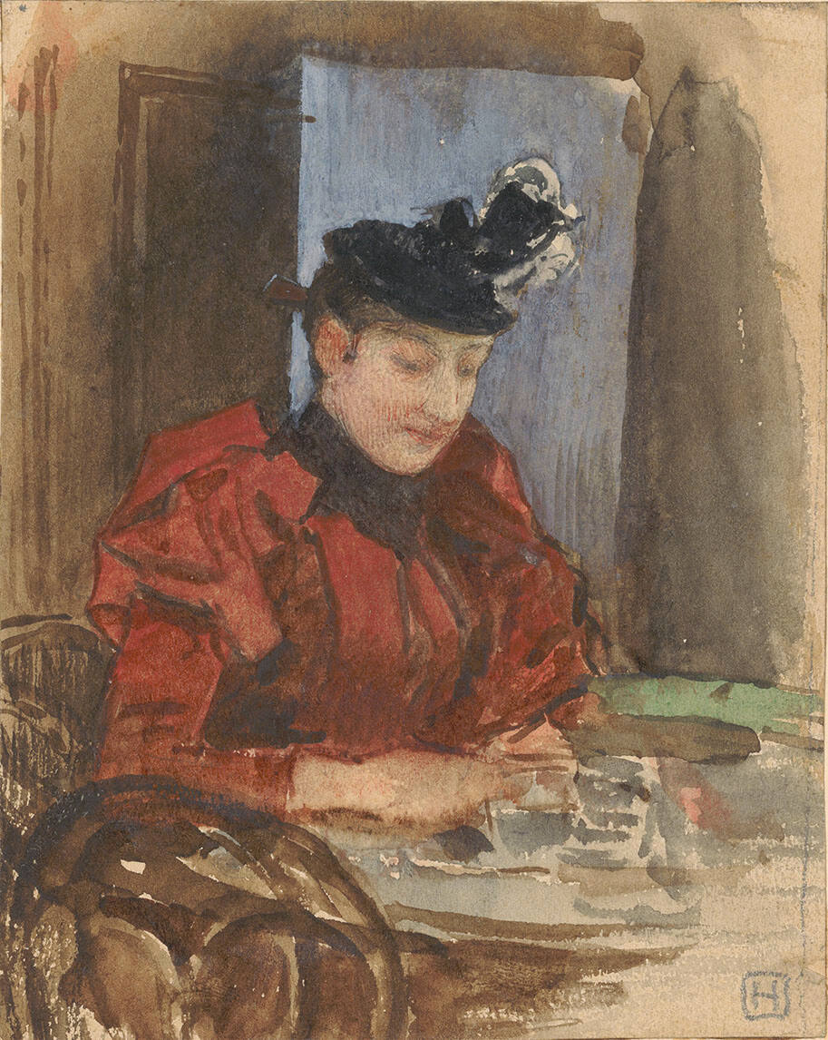 Dame im rotem Kleide am Kaffeehaustisch, Sigmund Walter Hampel