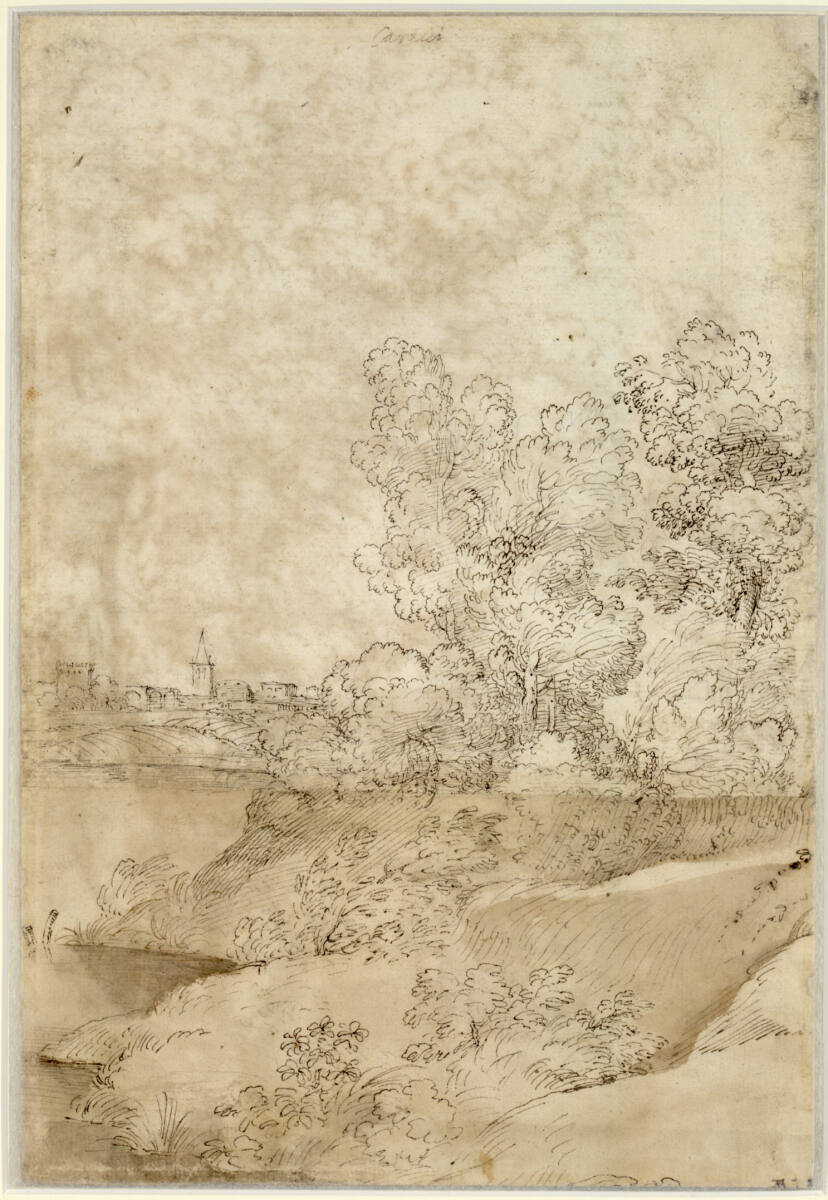 Dorf mit Kirche an einem Gewässer in einer Baumlandschaft, Giovanni Francesco Grimaldi