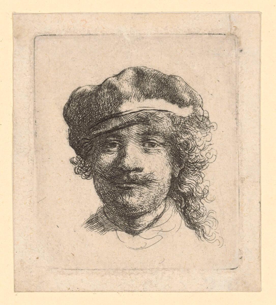 Rembrandt Harmensz. van Rijn, Selbstbildnis, von vorn mit Barett, Inv. Nr.: DG1926/2b