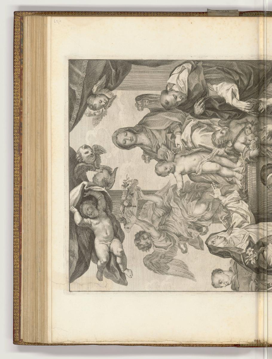 Druckgrafiken nach Carlo Maratta, Thronende Maria mit Kind auf einem Podest, umgeben von fünf H…