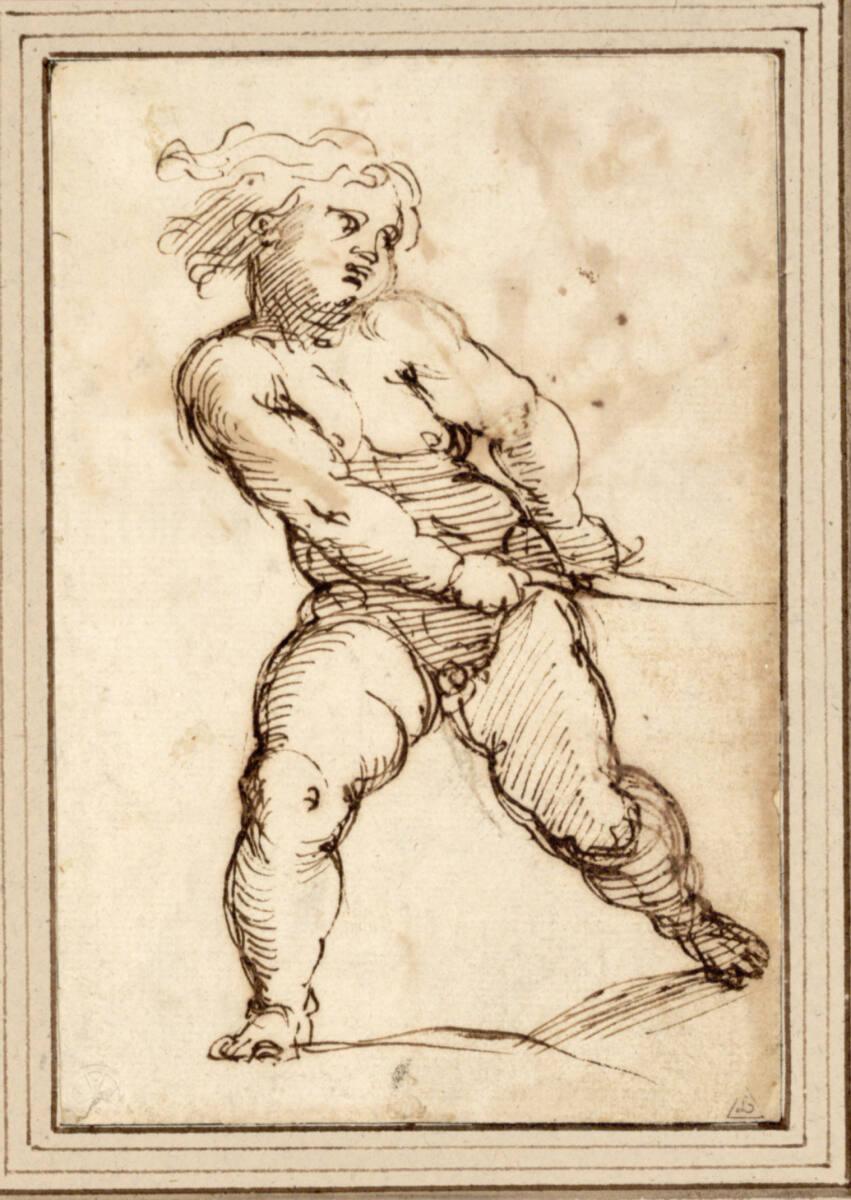 Agostino Carracci, Nackter Knabe, nach links laufend, zieht an zwei Schnüren, Inv. Nr.: 2115